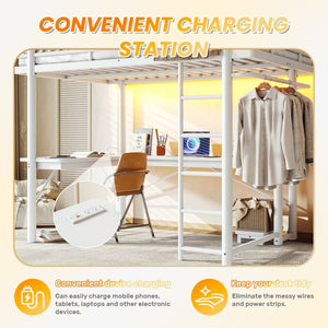 English Elm Full Metal Loft Bed with L-Shaped Desk LED Lighting and Built-In Charging Station W5305P471271