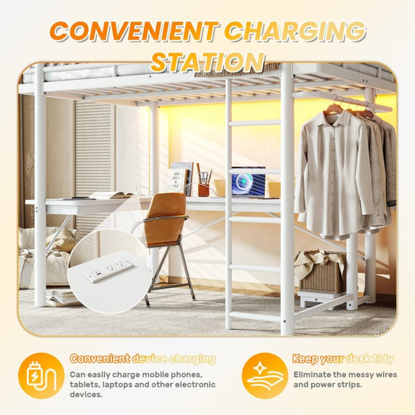 English Elm Full Metal Loft Bed with L-Shaped Desk LED Lighting and Built-In Charging Station W5305P471271