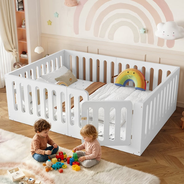 English Elm Full Size Montessori House Bed Solid Wood Low Profile Floor Frame for Kids Rooms White W5305P482206
