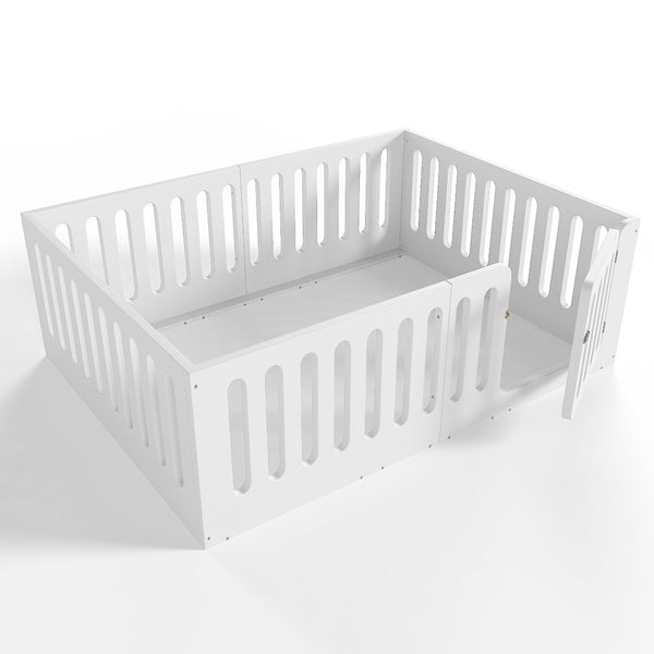English Elm Full Size Montessori House Bed Solid Wood Low Profile Floor Frame for Kids Rooms White W5305P482206