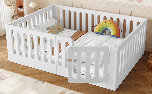 English Elm Full Size Montessori House Bed Solid Wood Low Profile Floor Frame for Kids Rooms White W5305P482206
