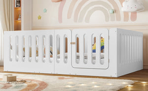 English Elm Full Size Montessori House Bed Solid Wood Low Profile Floor Frame for Kids Rooms White W5305P482206