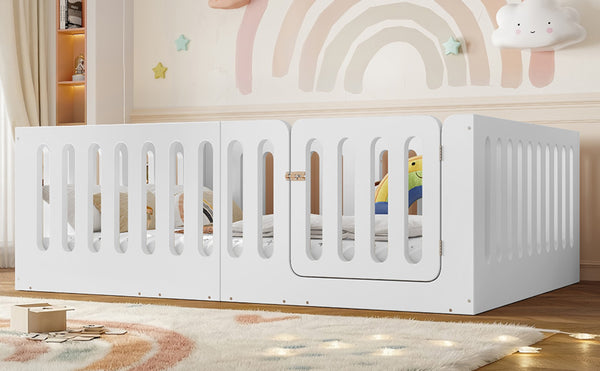 English Elm Full Size Montessori House Bed Solid Wood Low Profile Floor Frame for Kids Rooms White W5305P482206