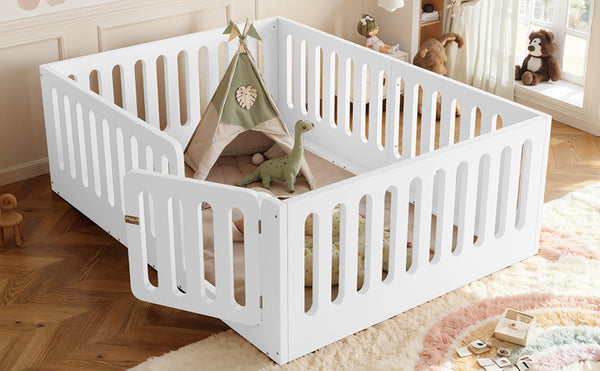 English Elm Full Size Montessori House Bed Solid Wood Low Profile Floor Frame for Kids Rooms White W5305P482206