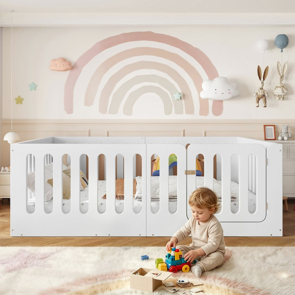 English Elm Full Size Montessori House Bed Solid Wood Low Profile Floor Frame for Kids Rooms White W5305P482206