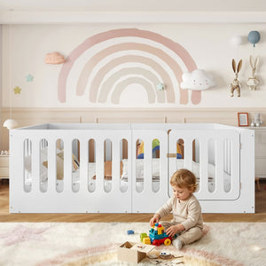 English Elm Full Size Montessori House Bed Solid Wood Low Profile Floor Frame for Kids Rooms White W5305P482206