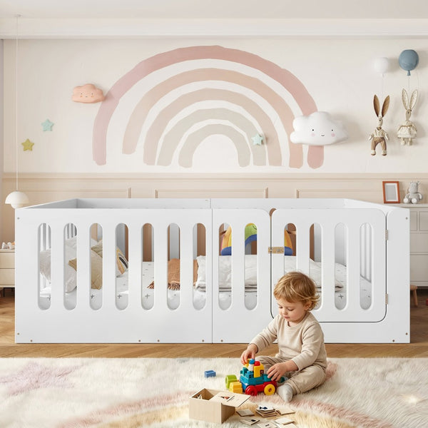 English Elm Full Size Montessori House Bed Solid Wood Low Profile Floor Frame for Kids Rooms White W5305P482206