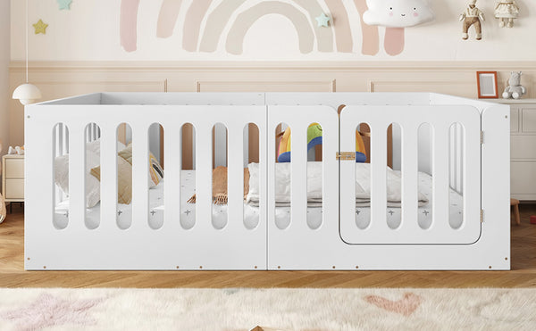 English Elm Full Size Montessori House Bed Solid Wood Low Profile Floor Frame for Kids Rooms White W5305P482206