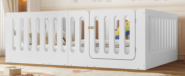 English Elm Full Size Montessori House Bed Solid Wood Low Profile Floor Frame for Kids Rooms White W5305P482206
