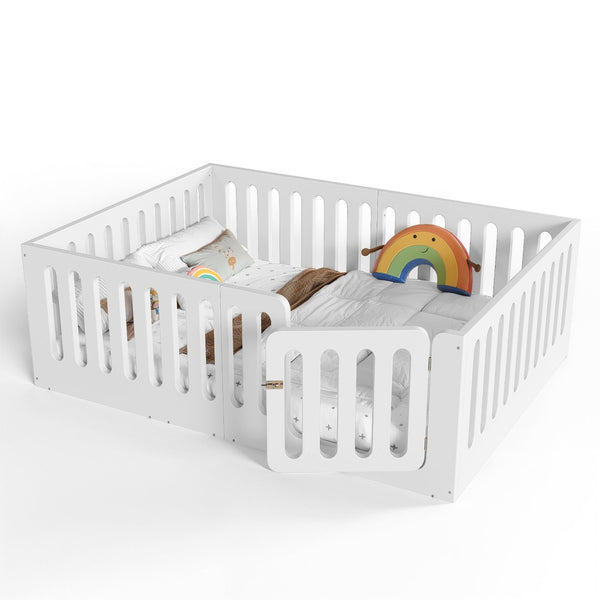 English Elm Full Size Montessori House Bed Solid Wood Low Profile Floor Frame for Kids Rooms White W5305P482206