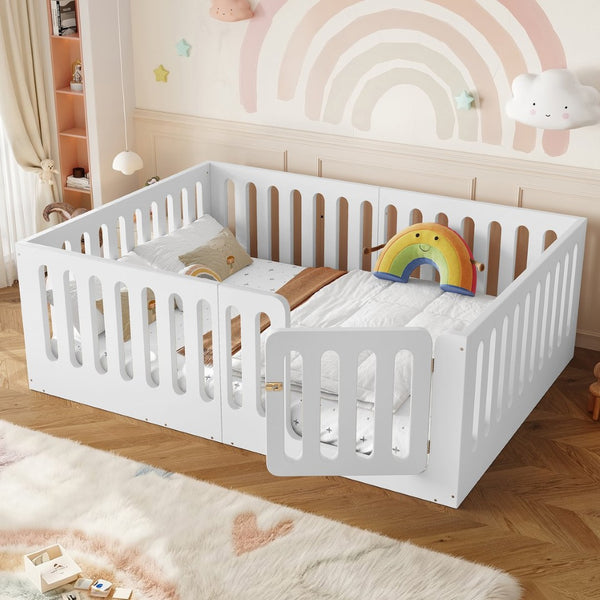 English Elm Full Size Montessori House Bed Solid Wood Low Profile Floor Frame for Kids Rooms White W5305P482206