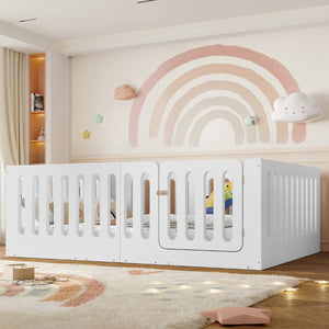 English Elm Full Size Montessori House Bed Solid Wood Low Profile Floor Frame for Kids Rooms White W5305P482206