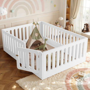 English Elm Full Size Montessori House Bed Solid Wood Low Profile Floor Frame for Kids Rooms White W5305P482206
