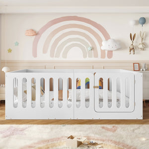 English Elm Full Size Montessori House Bed Solid Wood Low Profile Floor Frame for Kids Rooms White W5305P482206