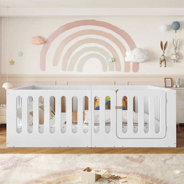 English Elm Full Size Montessori House Bed Solid Wood Low Profile Floor Frame for Kids Rooms White W5305P482206
