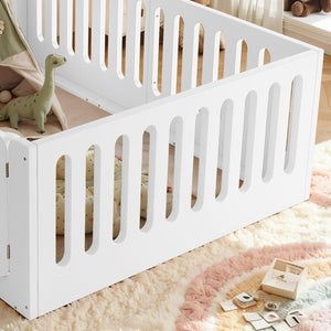 English Elm Full Size Montessori House Bed Solid Wood Low Profile Floor Frame for Kids Rooms White W5305P482206