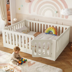 English Elm Full Size Montessori House Bed Solid Wood Low Profile Floor Frame for Kids Rooms Beige W5305P482207