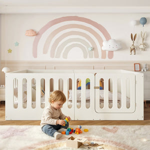 English Elm Full Size Montessori House Bed Solid Wood Low Profile Floor Frame for Kids Rooms Beige W5305P482207