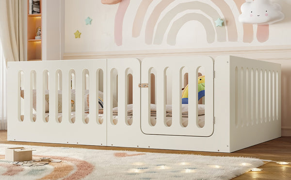 English Elm Full Size Montessori House Bed Solid Wood Low Profile Floor Frame for Kids Rooms Beige W5305P482207