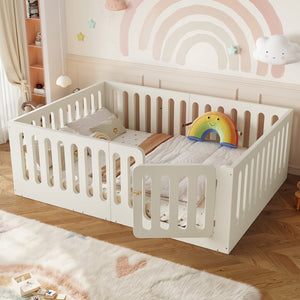 English Elm Full Size Montessori House Bed Solid Wood Low Profile Floor Frame for Kids Rooms Beige W5305P482207