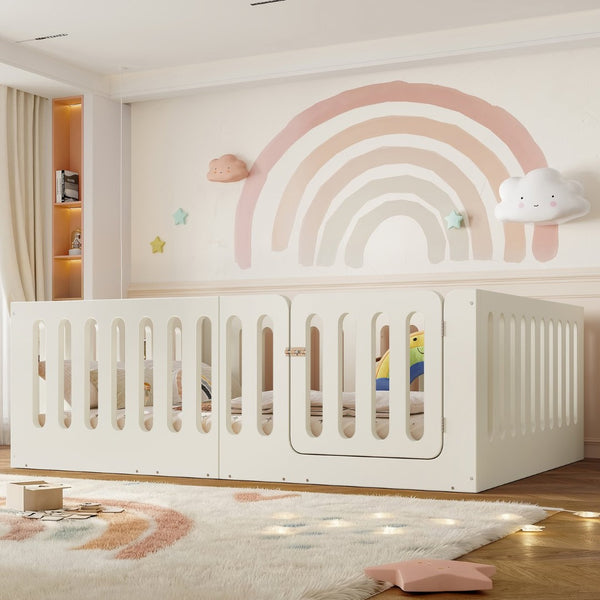 English Elm Full Size Montessori House Bed Solid Wood Low Profile Floor Frame for Kids Rooms Beige W5305P482207