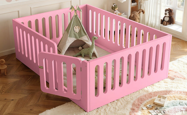 English Elm Full Size Montessori House Bed Solid Wood Low Profile Floor Frame for Kids Rooms Pink W5305P482209