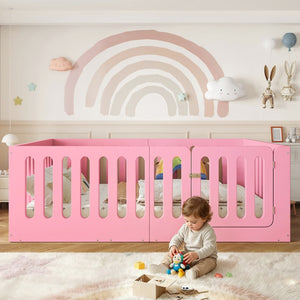 English Elm Full Size Montessori House Bed Solid Wood Low Profile Floor Frame for Kids Rooms Pink W5305P482209