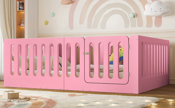 English Elm Full Size Montessori House Bed Solid Wood Low Profile Floor Frame for Kids Rooms Pink W5305P482209