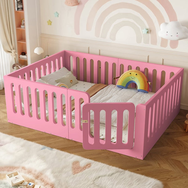 English Elm Full Size Montessori House Bed Solid Wood Low Profile Floor Frame for Kids Rooms Pink W5305P482209
