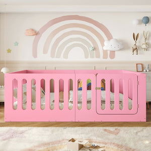 English Elm Full Size Montessori House Bed Solid Wood Low Profile Floor Frame for Kids Rooms Pink W5305P482209