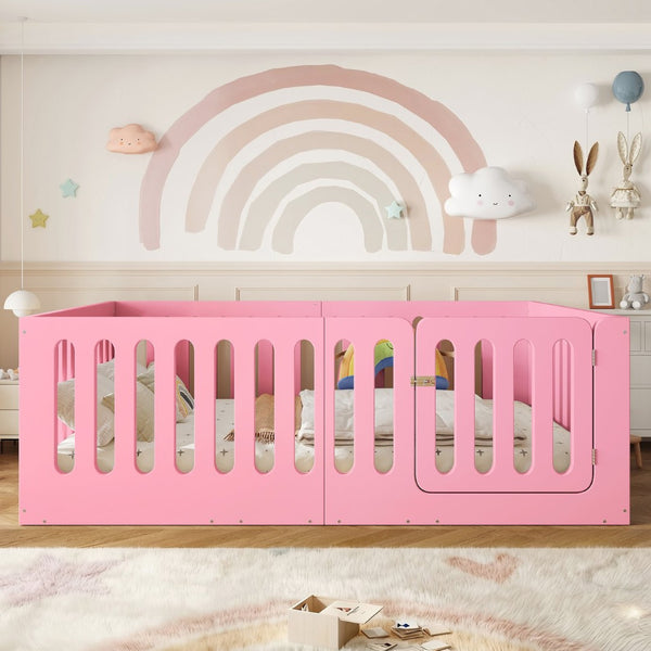 English Elm Full Size Montessori House Bed Solid Wood Low Profile Floor Frame for Kids Rooms Pink W5305P482209
