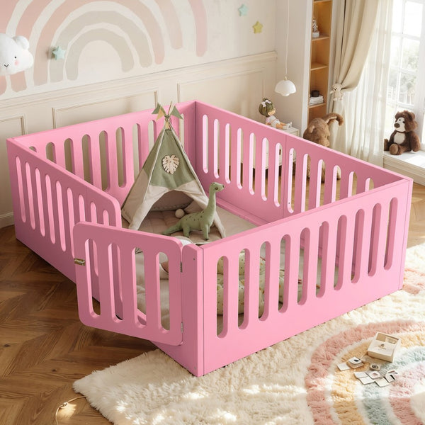 English Elm Full Size Montessori House Bed Solid Wood Low Profile Floor Frame for Kids Rooms Pink W5305P482209