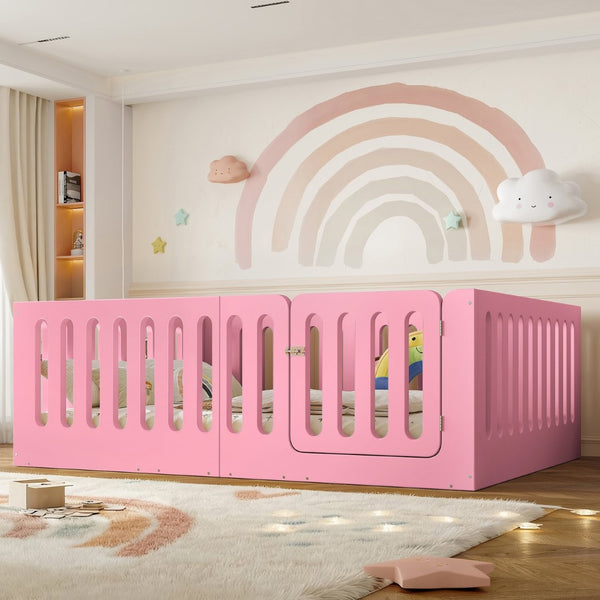 English Elm Full Size Montessori House Bed Solid Wood Low Profile Floor Frame for Kids Rooms Pink W5305P482209