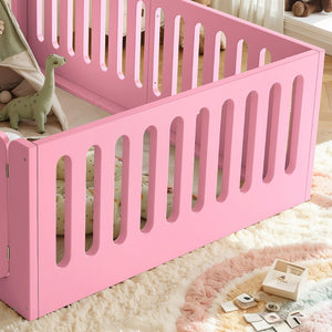 English Elm Full Size Montessori House Bed Solid Wood Low Profile Floor Frame for Kids Rooms Pink W5305P482209