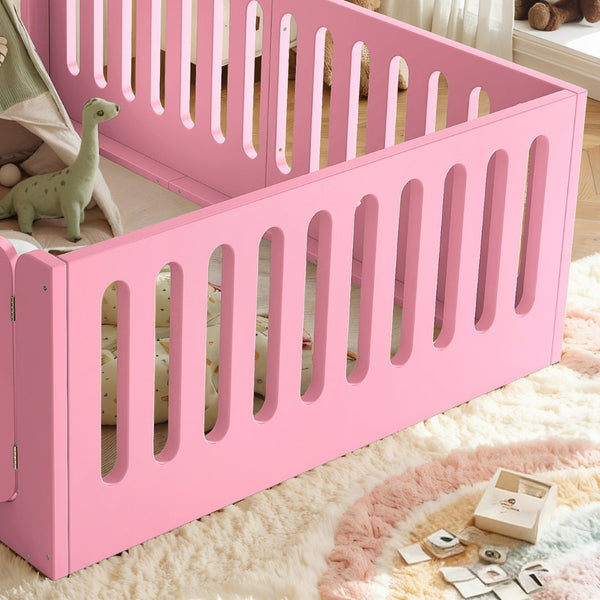 English Elm Full Size Montessori House Bed Solid Wood Low Profile Floor Frame for Kids Rooms Pink W5305P482209
