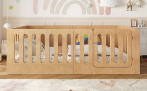 English Elm Full Size Montessori House Bed Solid Wood Low Profile Floor Frame for Kids Rooms Natural W5305P482218