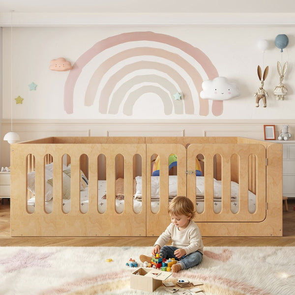 English Elm Full Size Montessori House Bed Solid Wood Low Profile Floor Frame for Kids Rooms Natural W5305P482218