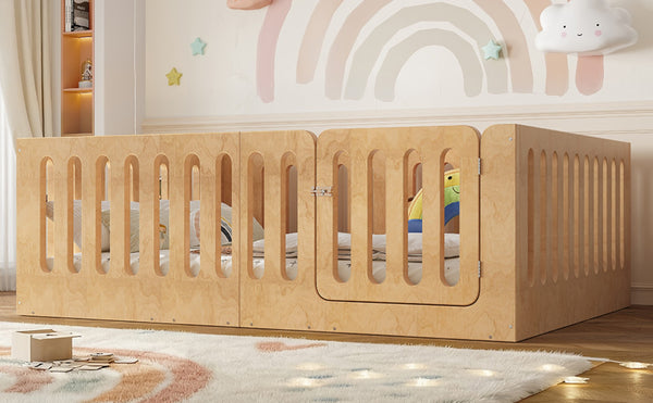 English Elm Full Size Montessori House Bed Solid Wood Low Profile Floor Frame for Kids Rooms Natural W5305P482218