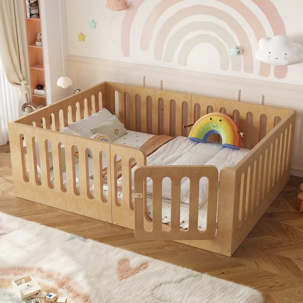 English Elm Full Size Montessori House Bed Solid Wood Low Profile Floor Frame for Kids Rooms Natural W5305P482218