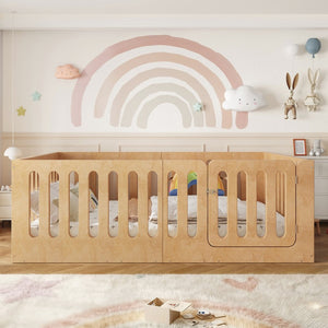 English Elm Full Size Montessori House Bed Solid Wood Low Profile Floor Frame for Kids Rooms Natural W5305P482218