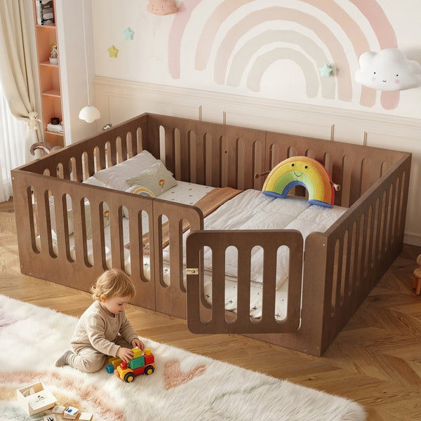 English Elm Full Size Montessori House Bed Solid Wood Low Profile Floor Frame for Kids Rooms Deep Natural W5305P482219