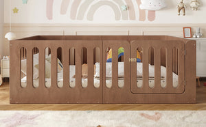 English Elm Full Size Montessori House Bed Solid Wood Low Profile Floor Frame for Kids Rooms Deep Natural W5305P482219