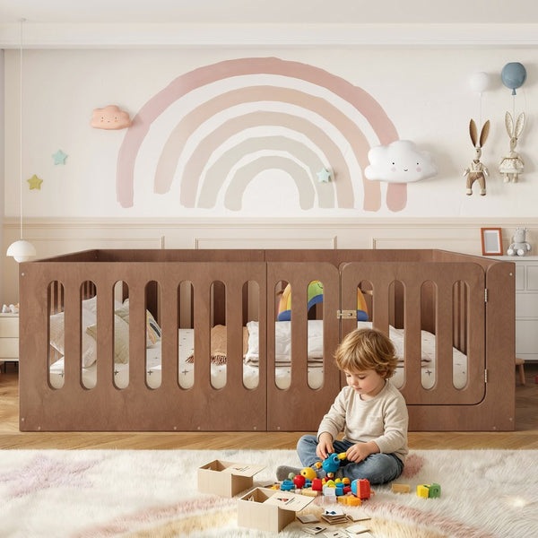 English Elm Full Size Montessori House Bed Solid Wood Low Profile Floor Frame for Kids Rooms Deep Natural W5305P482219