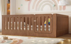 English Elm Full Size Montessori House Bed Solid Wood Low Profile Floor Frame for Kids Rooms Deep Natural W5305P482219