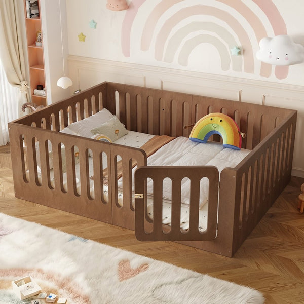 English Elm Full Size Montessori House Bed Solid Wood Low Profile Floor Frame for Kids Rooms Deep Natural W5305P482219