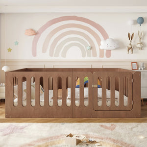 English Elm Full Size Montessori House Bed Solid Wood Low Profile Floor Frame for Kids Rooms Deep Natural W5305P482219