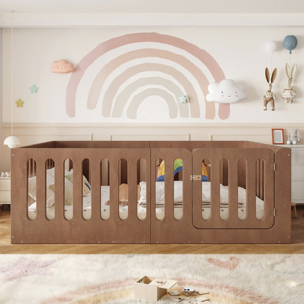 English Elm Full Size Montessori House Bed Solid Wood Low Profile Floor Frame for Kids Rooms Deep Natural W5305P482219