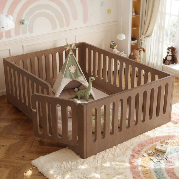English Elm Full Size Montessori House Bed Solid Wood Low Profile Floor Frame for Kids Rooms Deep Natural W5305P482219