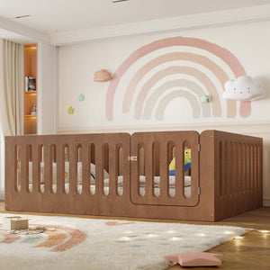 English Elm Full Size Montessori House Bed Solid Wood Low Profile Floor Frame for Kids Rooms Deep Natural W5305P482219
