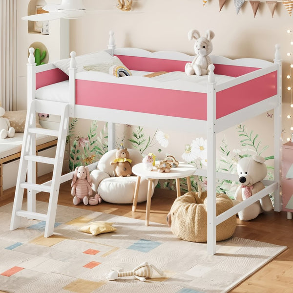 English Elm Full Size Solid Wood Kids Loft Bed with Safety Guardrails and Open Play Space Below Light White/Pink W5305P492108